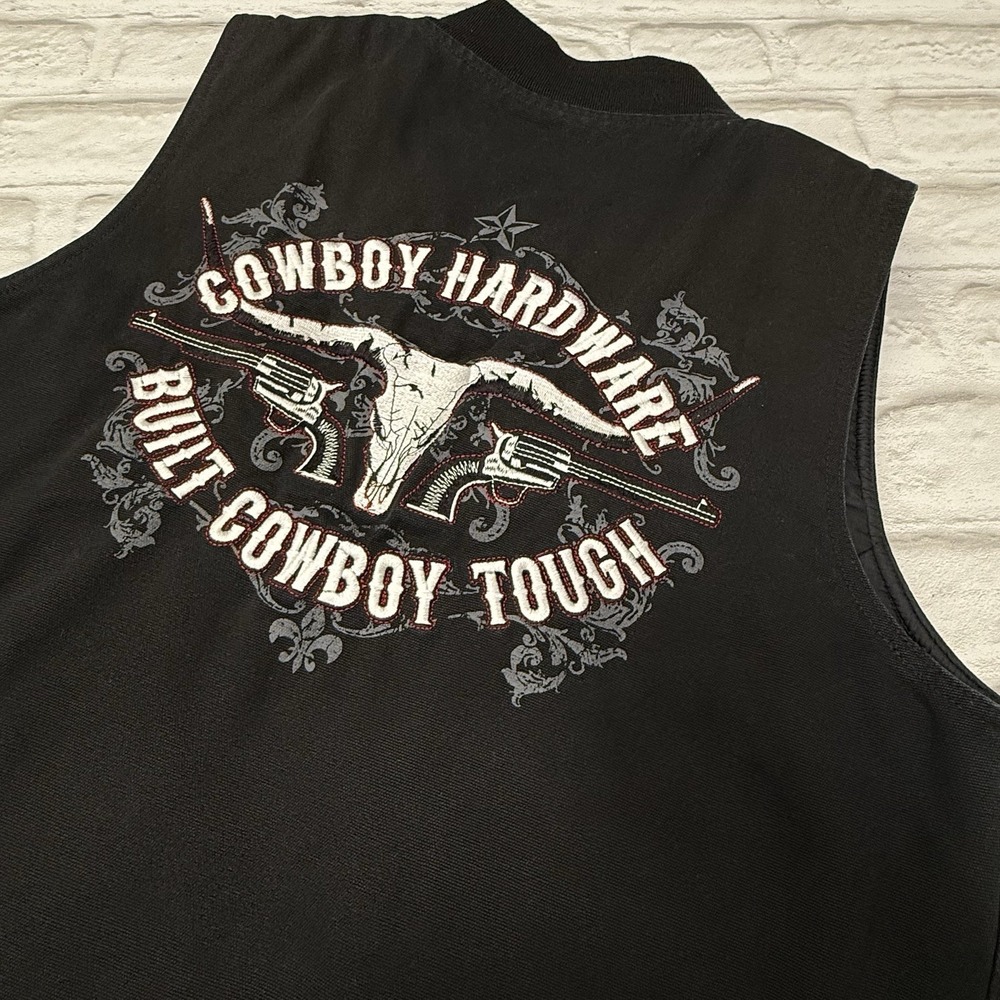 Cowboy Hardware Vest Mens M Black Duck Canvas Western Quilt Lined Embroidered - Picture 15 of 15